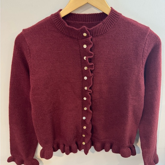 Cropped Ruffle Cardigan Sweater, Burgundy, Women’s Sz Small, NWOT - Picture 4 of 7